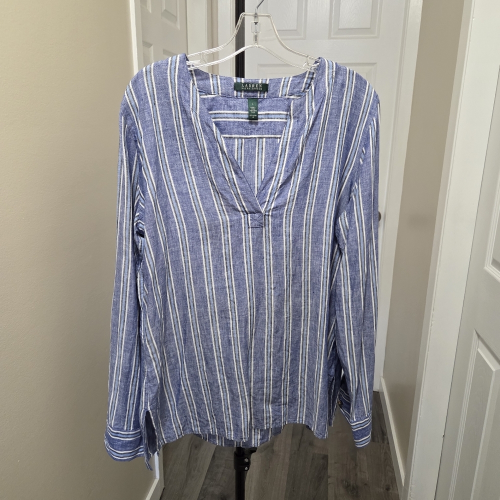 Lauren Ralph Lauren Blue and White Striped V-Neck Tunic Top